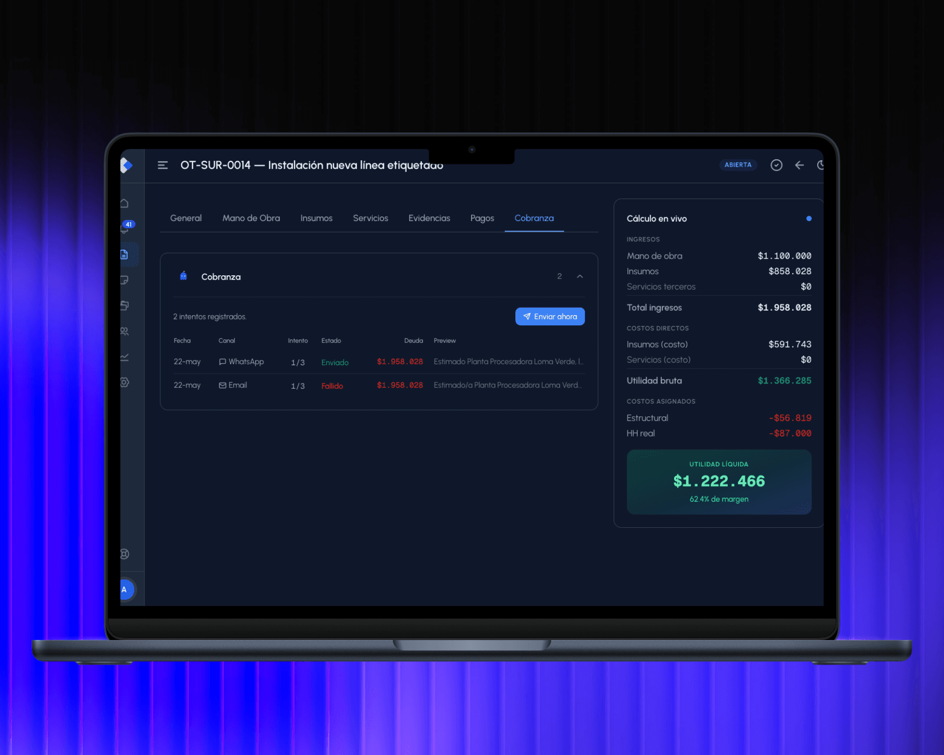 Gnorvex Business OS — Dashboard de gestión operativa con órdenes de trabajo y alertas IA